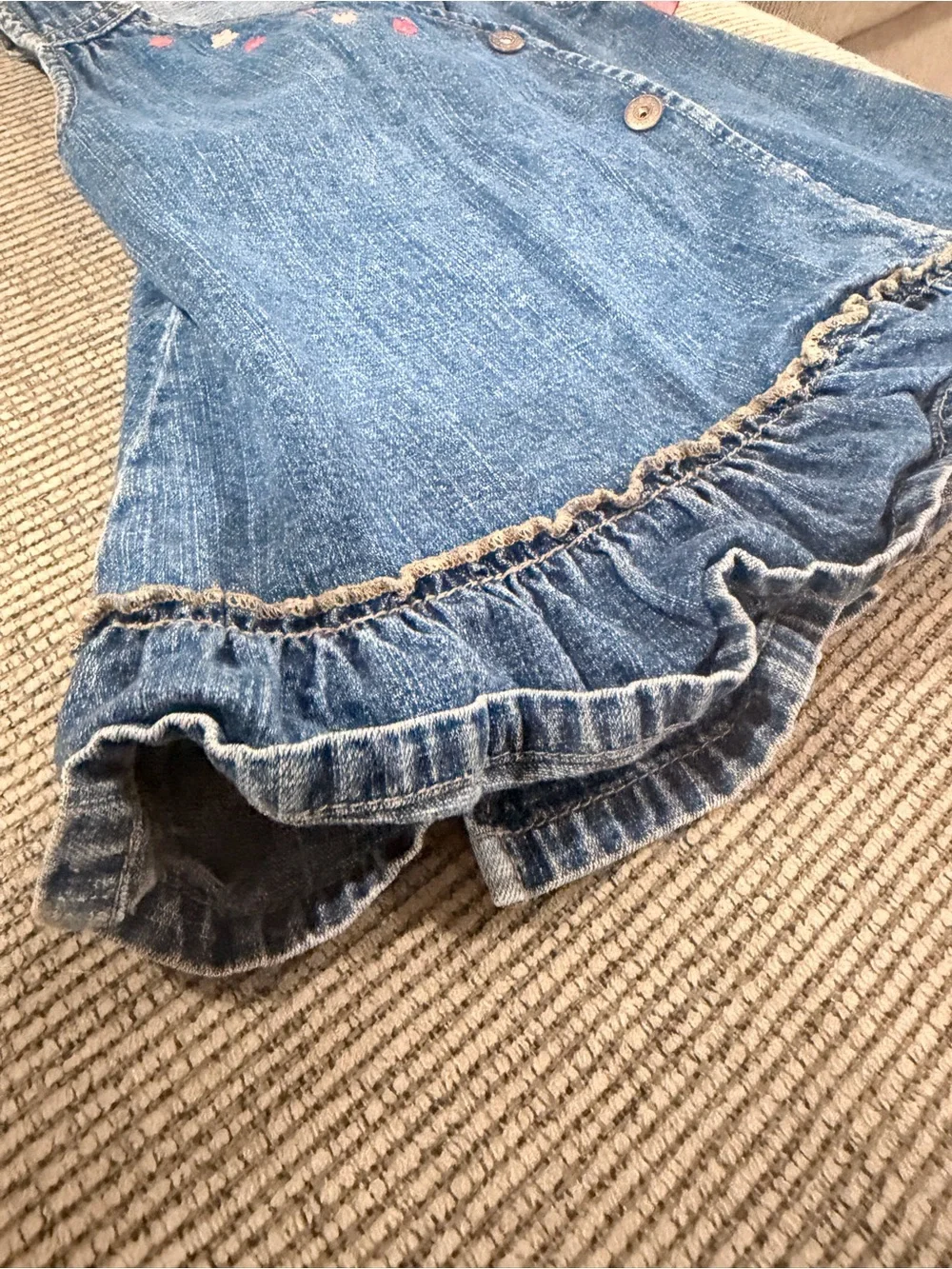 OshKosh B'gosh Denim Overall Dress Floral Embroidery Ruffle Hem Wrap Snap 18 mth